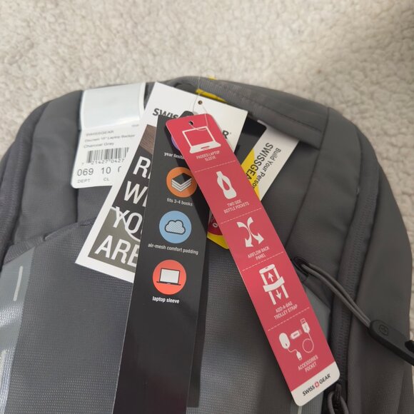 Swissgear Laptop Backpack Charcoal Gray With Padded Straps & Side Pockets school - Picture 10 of 16